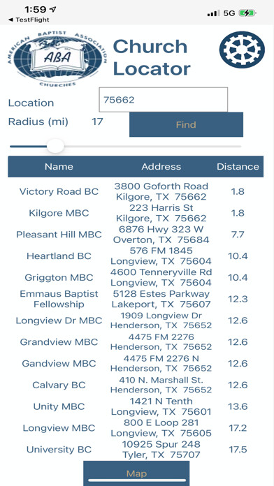 Emulate iPhone app ABA Church Locator using MyAndroid