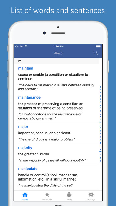 Emulate iPhone app Academic Word List - quiz, flashcard and game using MyAndroid