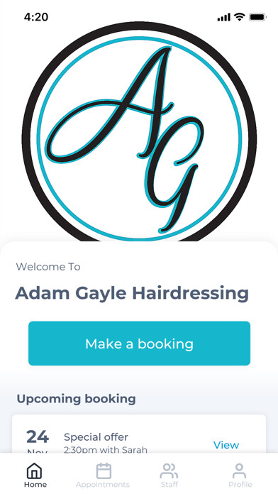 Emulate iPhone app Adam Gayle Hairdressing using MyAndroid