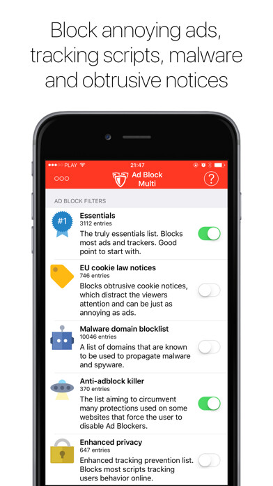 Emulate iPhone app Ad Block Multi using MyAndroid
