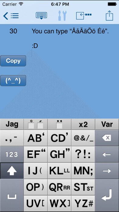 Emulate iPhone app AEI Keyboard Note Swedish using MyAndroid