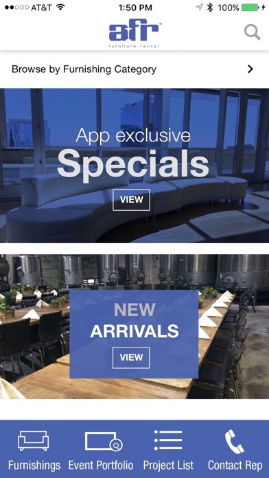 Emulate iPhone app AFR Furniture Rental - Events using MyAndroid