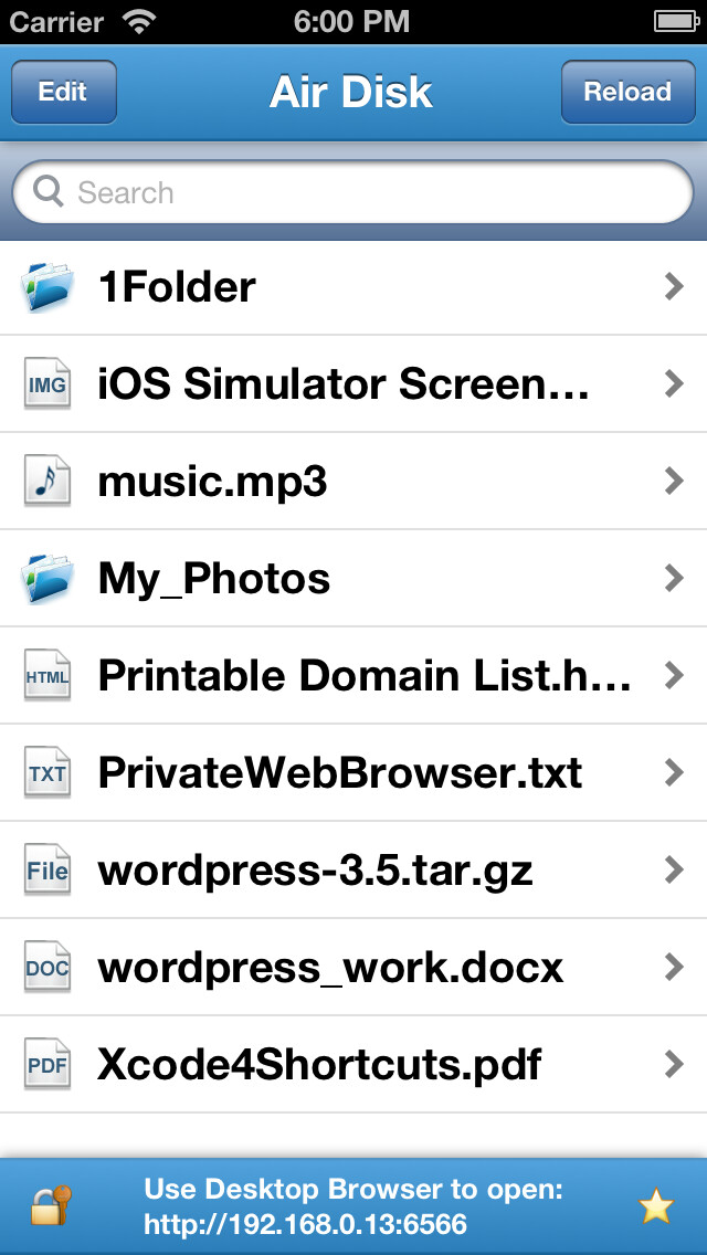 Emulate iPhone app Air Disk Free - Wireless HTTP File Sharing using MyAndroid Emulate iPhone app Air Disk Free - Wireless HTTP File Sharing using MyAndroid