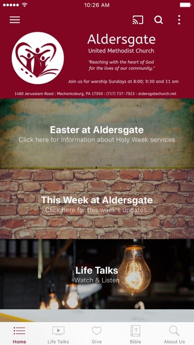 Emulate iPhone app Aldersgate UMC Mechanicsburg using MyAndroid Emulate iPhone app Aldersgate UMC Mechanicsburg using MyAndroid