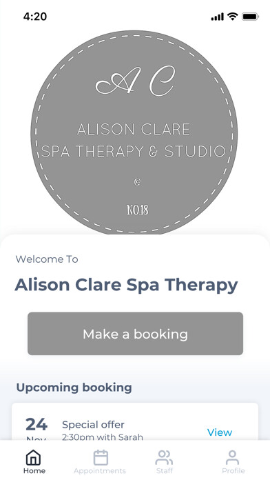 Emulate iPhone app Alison Clare Spa Therapy using MyAndroid