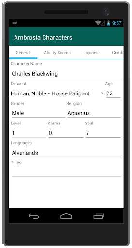 Emulate Android APK Ambrosia Character Sheets