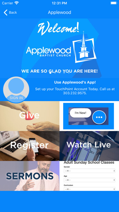 Emulate iPhone app Applewood Baptist Church using MyAndroid