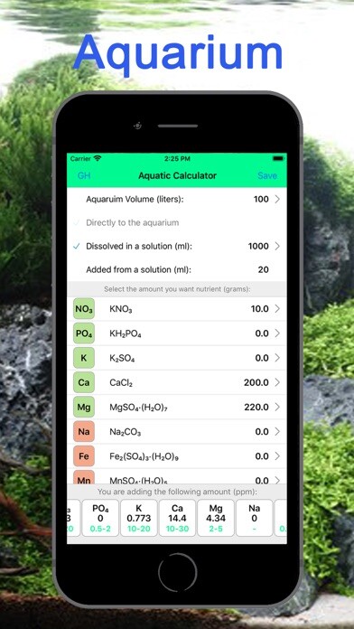 Emulate iPhone app Aquarium Fertilizer Calculator using MyAndroid
