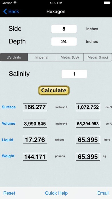 Emulate iPhone app Aquarium Size,Area Calculator using MyAndroid