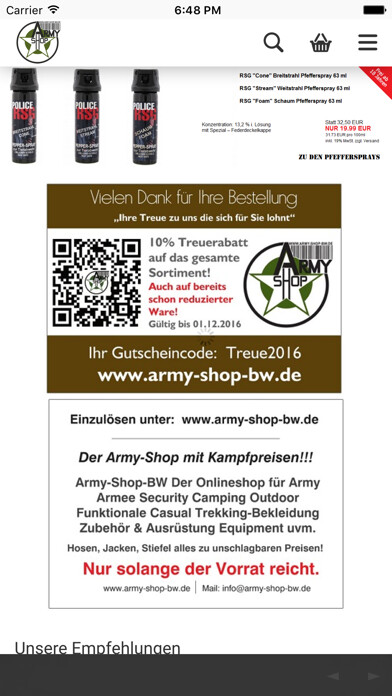 Emulate iPhone app Army-Shop-BW using MyAndroid