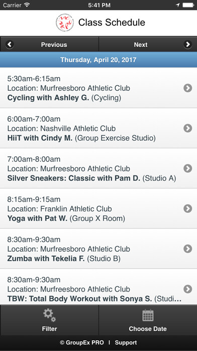 Emulate iPhone app Athletic Clubs of Tennessee Group Fitness Schedule using MyAndroid