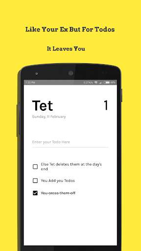 Run android online APK A Todo list app called Tet, it deletes your todos from MyAndroid or emulate A Todo list app called Tet, it deletes your todos using MyAndroid