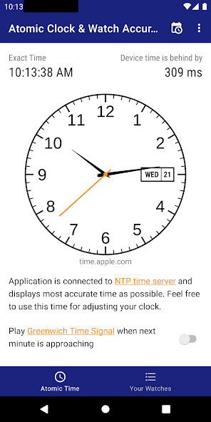 Run android online APK Atomic Clock & Watch Accuracy Tool (with NTP Time) from MyAndroid or emulate Atomic Clock & Watch Accuracy Tool (with NTP Time) using MyAndroid