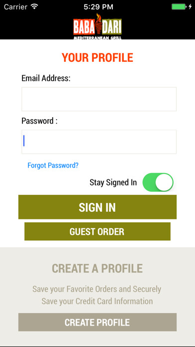 Emulate iPhone app Baba Dari Mediterranean Grill using MyAndroid