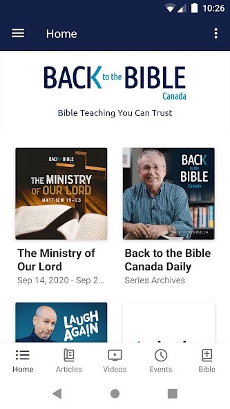 Emulate iPhone app Back to the Bible Canada using MyAndroid