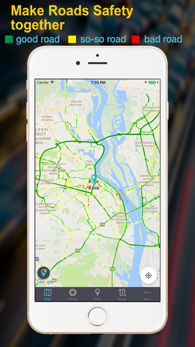Emulate iPhone app BadRoads -map of roads quality using MyAndroid