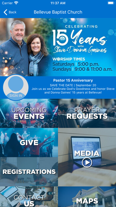 Emulate iPhone app Bellevue Baptist, Memphis, TN using MyAndroid