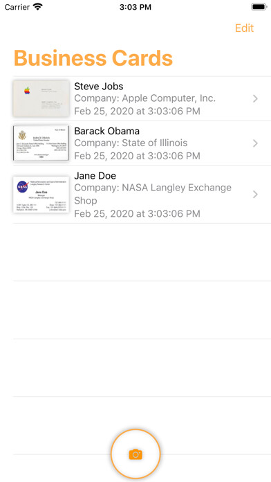 Emulate iPhone app Bigoli - Business Card Scanner using MyAndroid