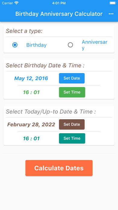 Emulate iPhone app Birthday Anniversary Calc using MyAndroid
