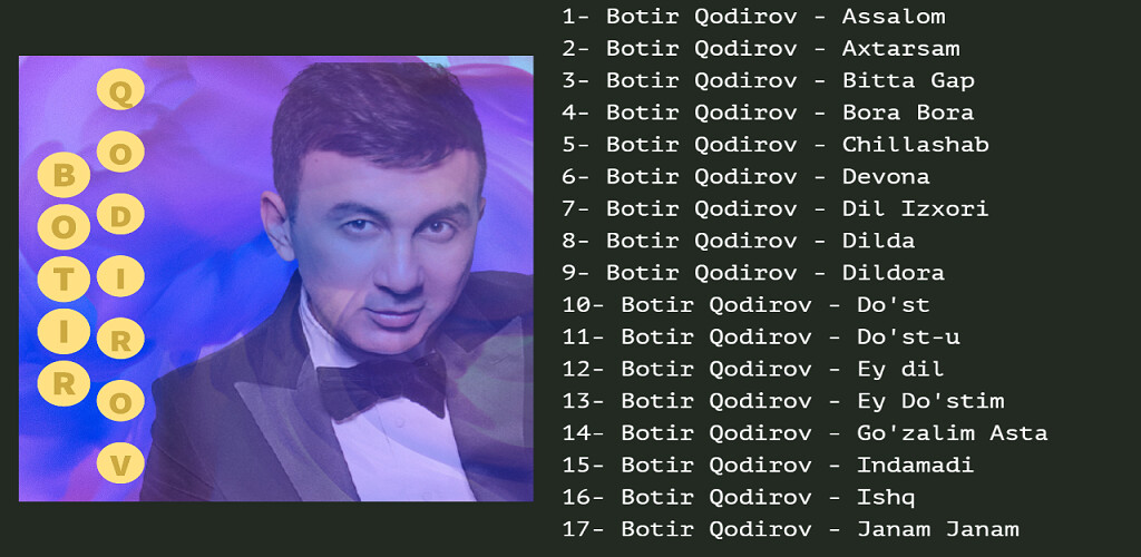 Run android online APK Botir Qodirov qoshiqlar 2022 from MyAndroid or emulate Botir Qodirov qoshiqlar 2022 using MyAndroid