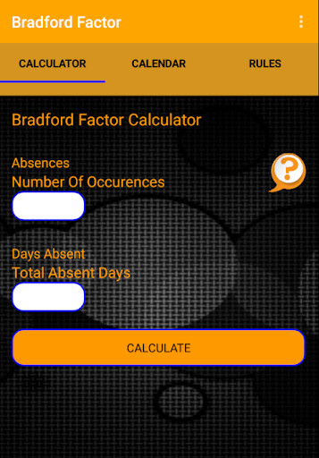 Run android online APK Bradford Factor Calculator - Organiser from MyAndroid or emulate Bradford Factor Calculator - Organiser using MyAndroid Run android online APK Bradford Factor Calculator - Organiser from MyAndroid or emulate Bradford Factor Calculator - Organiser using MyAndroid
