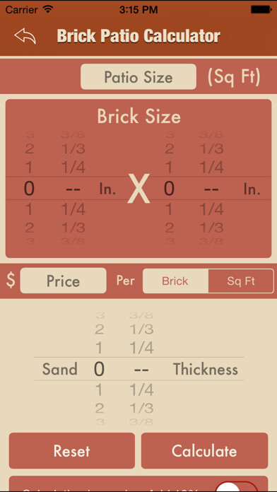 Emulate iPhone app Brick Patio Calculator using MyAndroid