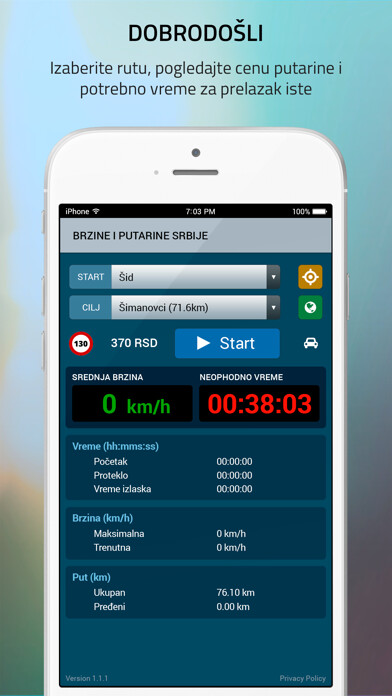 Emulate iPhone app Brzine i putarine Srbije using MyAndroid