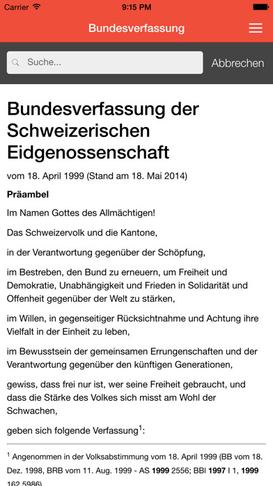 Emulate iPhone app Bundesverfassung BV Schweiz PRO using MyAndroid
