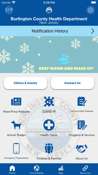 Emulate iPhone app Burlington County Health using MyAndroid