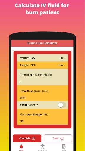Run android online APK Burns Fluid Calculator: Fluid, TBSA, ABSI score from MyAndroid or emulate Burns Fluid Calculator: Fluid, TBSA, ABSI score using MyAndroid Run android online APK Burns Fluid Calculator: Fluid, TBSA, ABSI score from MyAndroid or emulate Burns Fluid Calculator: Fluid, TBSA, ABSI score using MyAndroid