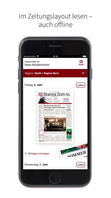 Emulate iPhone app BZ Berner Zeitung E-Paper using MyAndroid