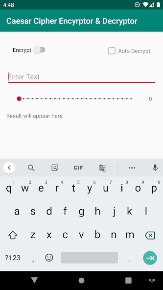 Run android online APK Caesar Cipher Encryptor and Automatic Decryptor from MyAndroid or emulate Caesar Cipher Encryptor and Automatic Decryptor using MyAndroid