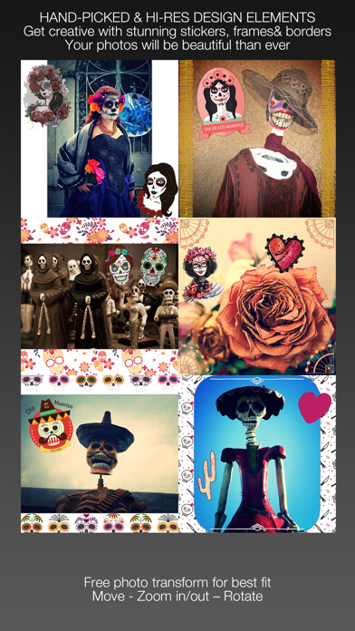 Emulate iPhone app Calavera : Day Of The Dead - Add stickers, backgrounds and customize pictures using MyAndroid Emulate iPhone app Calavera : Day Of The Dead - Add stickers, backgrounds and customize pictures using MyAndroid