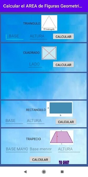 Run android online APK Calcular el AREA de Figuras Geometricas from MyAndroid or emulate Calcular el AREA de Figuras Geometricas using MyAndroid