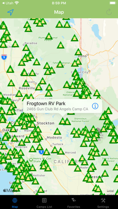 Emulate iPhone app California – Camps & RV spots using MyAndroid