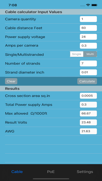 Emulate iPhone app CCTV Cable and PoE Calculator using MyAndroid