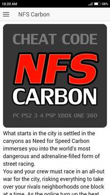 Emulate Android APK Cheat Code for Need For Speed Carbon Games NFS