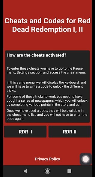 Run android online APK Cheats and Codes for RDR I II (Unofficial) from MyAndroid or emulate Cheats and Codes for RDR I II (Unofficial) using MyAndroid Run android online APK Cheats and Codes for RDR I II (Unofficial) from MyAndroid or emulate Cheats and Codes for RDR I II (Unofficial) using MyAndroid