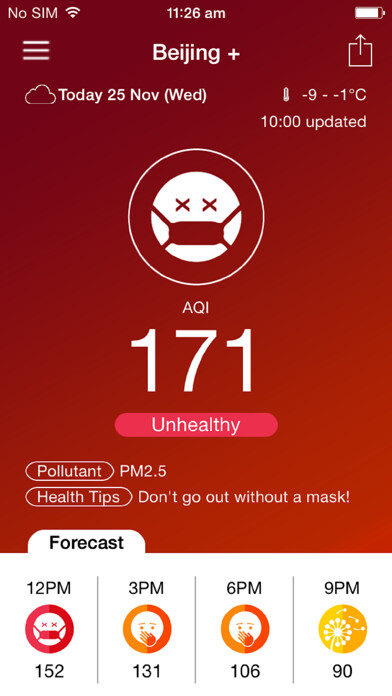 Emulate iPhone app China Air Quality Forecast - PM2.5 smog daily and hourly trend using MyAndroid Emulate iPhone app China Air Quality Forecast - PM2.5 smog daily and hourly trend using MyAndroid