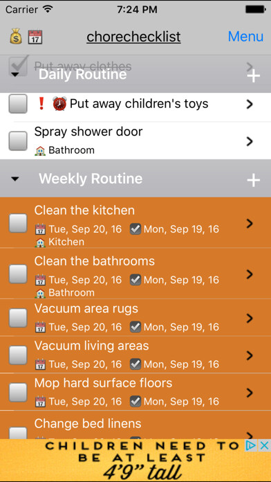 Emulate iPhone app Chore Checklist using MyAndroid