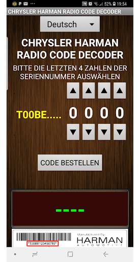 Run android online APK Chrysler Harman T00BE Serial Radio Code Decoder from MyAndroid or emulate Chrysler Harman T00BE Serial Radio Code Decoder using MyAndroid