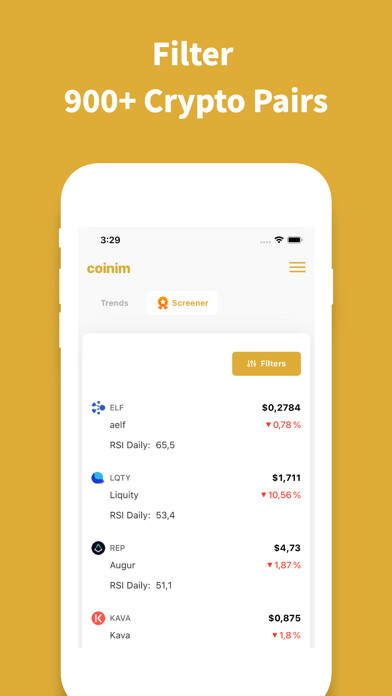 Emulate iPhone app Coinim Crypto Screener & Alert using MyAndroid