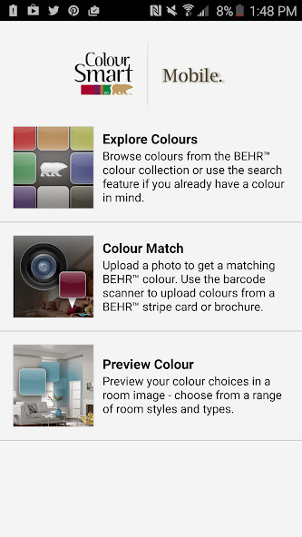 Run android online APK ColourSmart by BEHR™ Mobile from MyAndroid or emulate ColourSmart by BEHR™ Mobile using MyAndroid Run android online APK ColourSmart by BEHR™ Mobile from MyAndroid or emulate ColourSmart by BEHR™ Mobile using MyAndroid