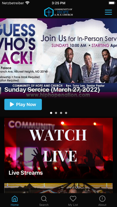 Emulate iPhone app Community Of Hope AME TV using MyAndroid