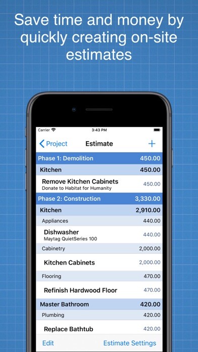 Emulate iPhone app Construction Cost Estimator using MyAndroid