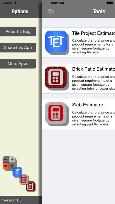 Emulate iPhone app Contractors Pocket Estimator using MyAndroid