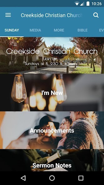 Emulate iPhone app Creekside Christian Church EG using MyAndroid