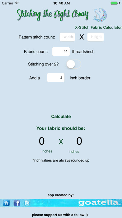 Emulate iPhone app Cross Stitch Fabric Calculator Pro using MyAndroid