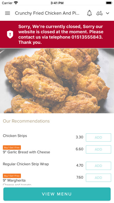 Emulate iPhone app Crunchy Fried Chicken & Pizza. using MyAndroid