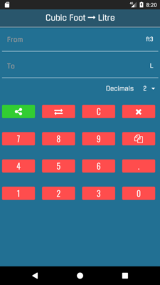 Emulate Android APK Cubic Feet to Litre Converter